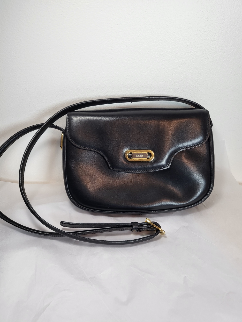Bally Vintage Black Leather Crossbody Bag with Gold Hardware